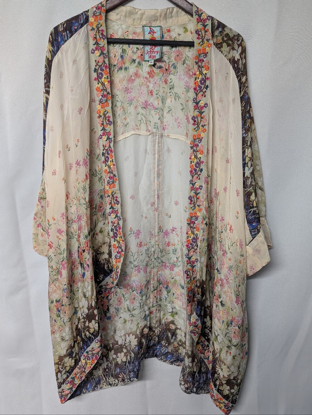Johnny Was Cream Sheer Floral Embroidered Open Kimono Jacket Cardigan Size XL